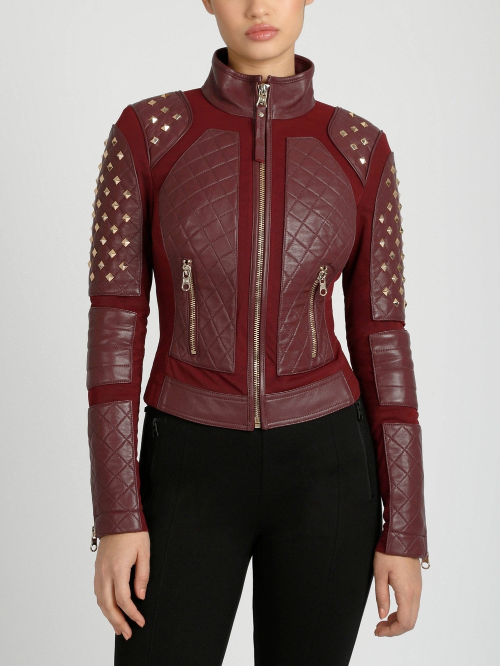 Quilted Burgundy Stud-Accent Moto Jacket